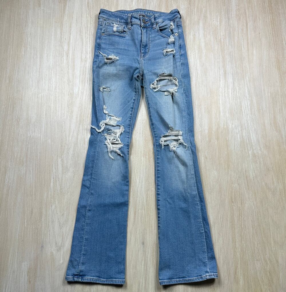 American Eagle Ripped High Rise Skinny Kick Distressed Flare Denim Jeans 2 Short